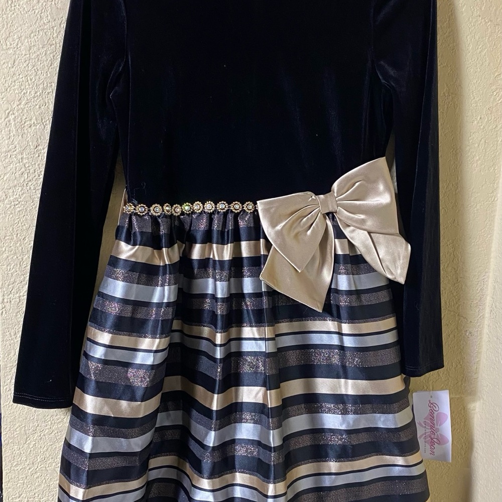 Bonnie Jean black and Silver Striped Dress velvet - Picture 2 of 4